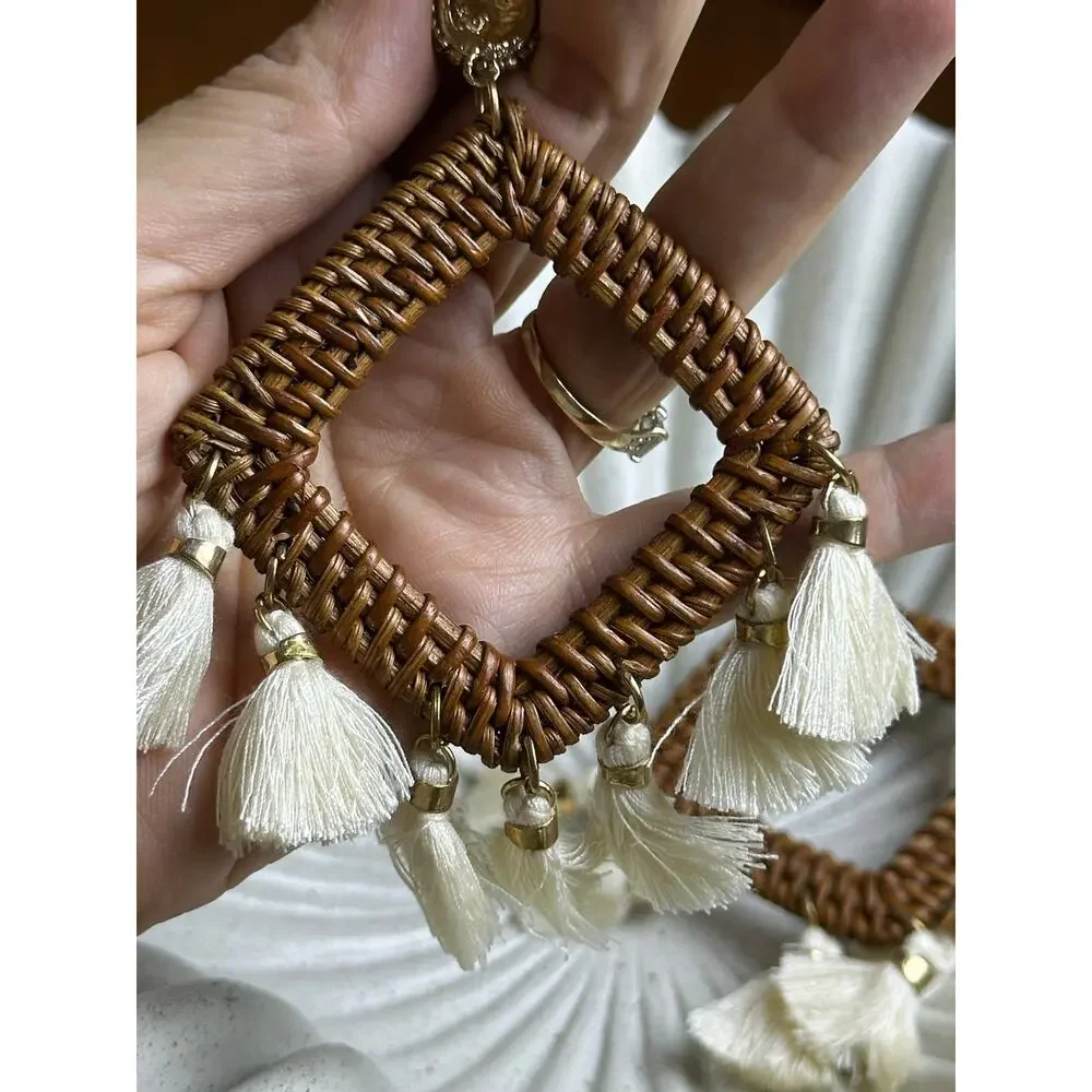 BOGO FREE Boho Rattan Tassel Statement Earrings Fringe Coastal Cowgirl